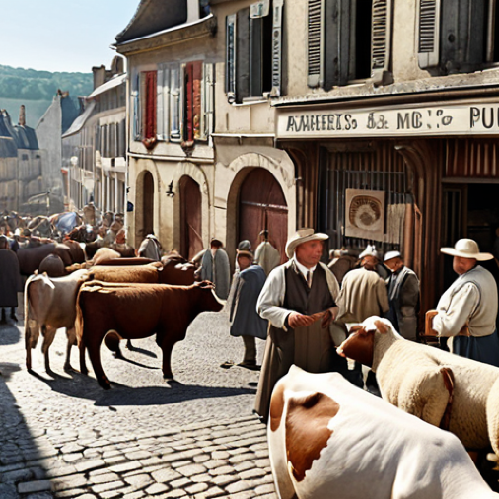 **A bustling French livestock market scene. Farmers in traditional attire are negotiating deals amidst cows, sheep, and poultry. Focus on the weathered faces and determined expressions. In the background, the architecture of a small French town.**