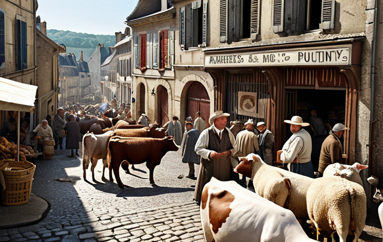 **A bustling French livestock market scene. Farmers in traditional attire are negotiating deals amidst cows, sheep, and poultry. Focus on the weathered faces and determined expressions. In the background, the architecture of a small French town.**