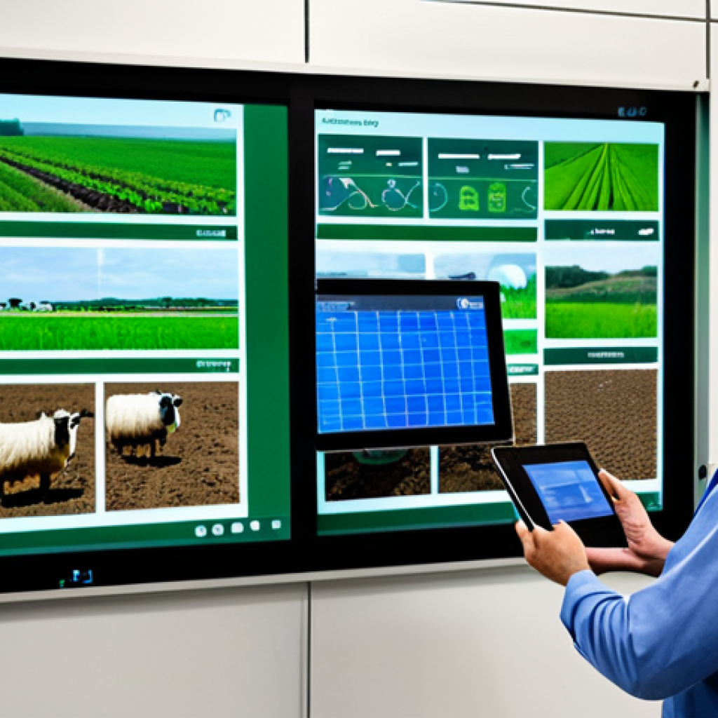 A professional agricultural expert, fully clothed in appropriate, modest professional attire, stands in a modern, clean, large-scale animal farm facility. They are interacting with a large digital display or tablet showing real-time data from animal sensors and automated feeding systems. In the background, modern farming equipment and well-maintained livestock are subtly visible, showcasing the integration of advanced technology. The scene emphasizes precision farming, efficiency, and enhanced animal well-being enabled by AI and IoT. Bright, high-resolution professional photography, natural lighting, perfect anatomy, correct proportions, natural pose, well-formed hands, proper finger count, natural body proportions, safe for work, appropriate content, family-friendly.
