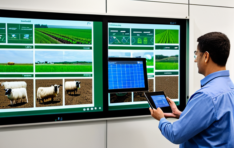 A professional agricultural expert, fully clothed in appropriate, modest professional attire, stands in a modern, clean, large-scale animal farm facility. They are interacting with a large digital display or tablet showing real-time data from animal sensors and automated feeding systems. In the background, modern farming equipment and well-maintained livestock are subtly visible, showcasing the integration of advanced technology. The scene emphasizes precision farming, efficiency, and enhanced animal well-being enabled by AI and IoT. Bright, high-resolution professional photography, natural lighting, perfect anatomy, correct proportions, natural pose, well-formed hands, proper finger count, natural body proportions, safe for work, appropriate content, family-friendly.