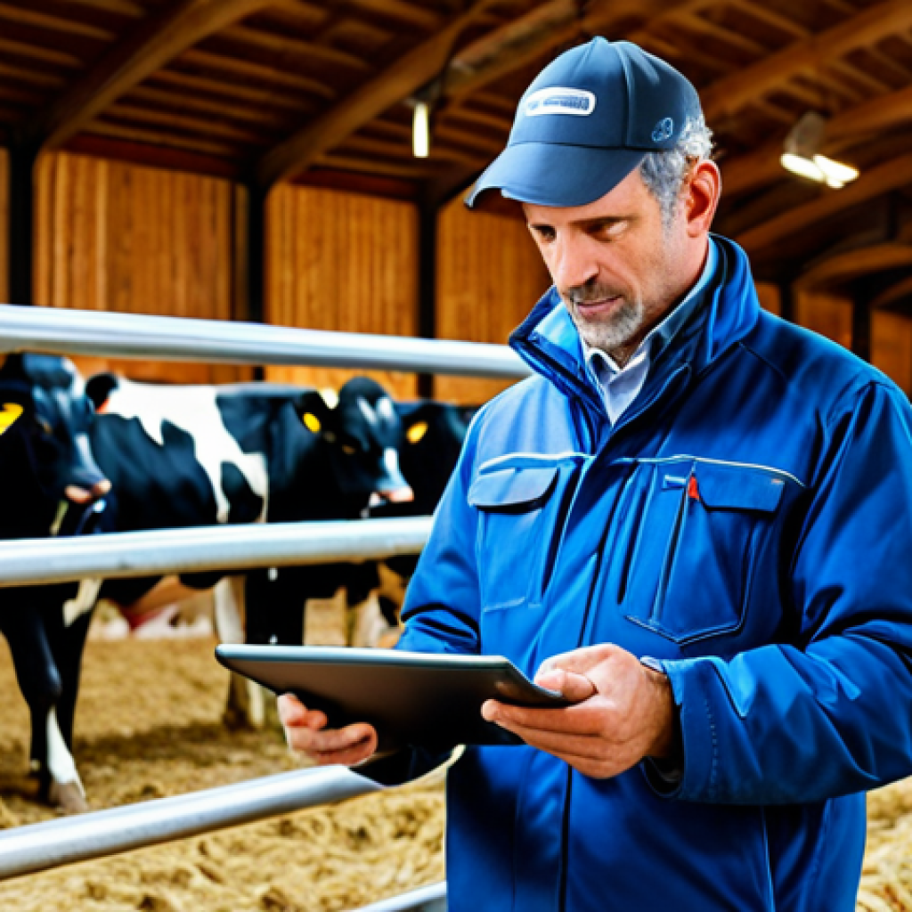 **

A French dairy farmer using a tablet to monitor cow health data in a modern barn, fully clothed in farm attire, cows wearing sensor collars, safe for work, appropriate content, professional, perfect anatomy, natural proportions, well-formed hands, bright and airy lighting, showcasing technology in agriculture, family-friendly.

**