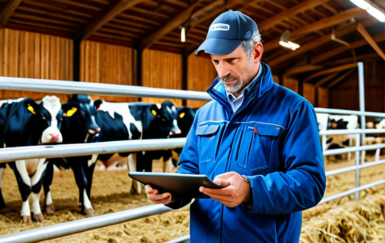 **

A French dairy farmer using a tablet to monitor cow health data in a modern barn, fully clothed in farm attire, cows wearing sensor collars, safe for work, appropriate content, professional, perfect anatomy, natural proportions, well-formed hands, bright and airy lighting, showcasing technology in agriculture, family-friendly.

**