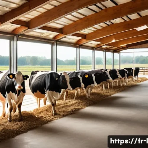 축산업 관련 법규 및 규정 - A modern French cattle farm interior showing spacious, clean barns with comfortable, non-slip floori...
