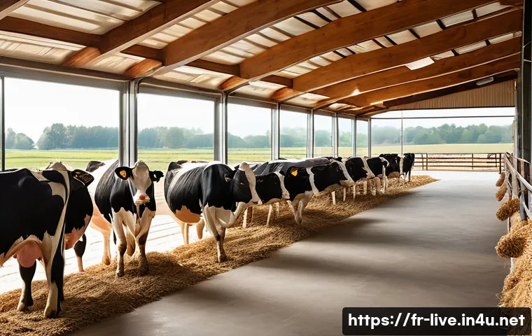 축산업 관련 법규 및 규정 - A modern French cattle farm interior showing spacious, clean barns with comfortable, non-slip floori...