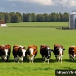 축산업 농장 인수 방법 - A detailed, panoramic view of a modern French livestock farm specializing in cattle breeding, showca...