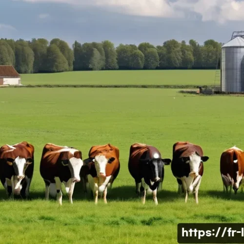 축산업 농장 인수 방법 - A detailed, panoramic view of a modern French livestock farm specializing in cattle breeding, showca...