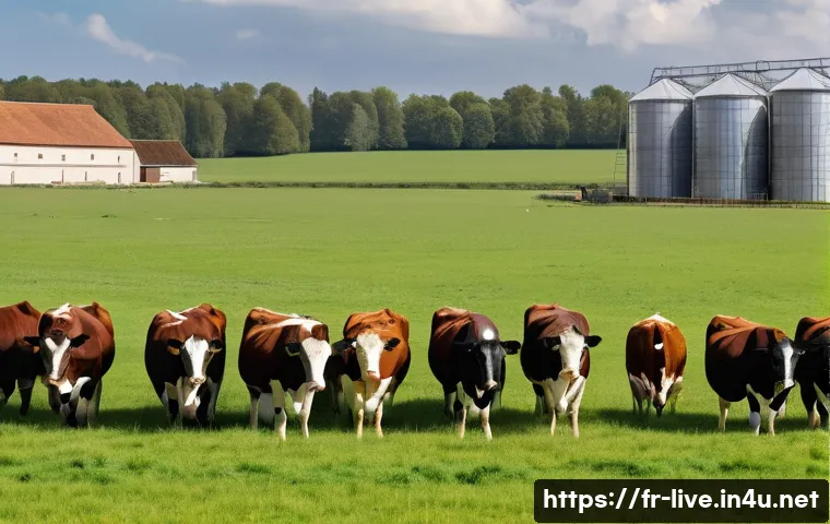 축산업 농장 인수 방법 - A detailed, panoramic view of a modern French livestock farm specializing in cattle breeding, showca...