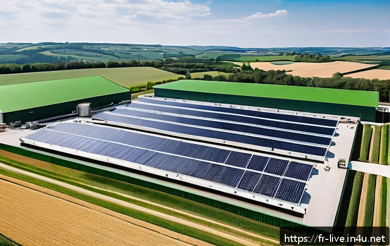 축산업 사료 제조 기술 - A modern sustainable animal feed production facility in a French rural setting, showcasing large tan...
