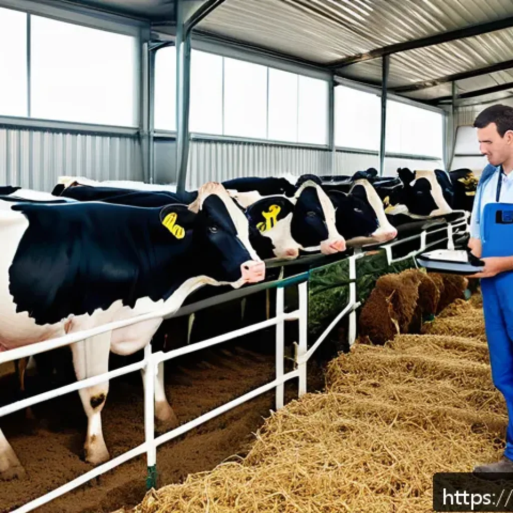축산업 생산성 높이는 기술 - A modern French dairy farm scene showcasing a medium-sized herd of Holstein cows equipped with smart...