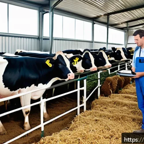 축산업 생산성 높이는 기술 - A modern French dairy farm scene showcasing a medium-sized herd of Holstein cows equipped with smart...