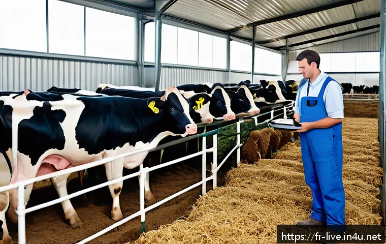 축산업 생산성 높이는 기술 - A modern French dairy farm scene showcasing a medium-sized herd of Holstein cows equipped with smart...