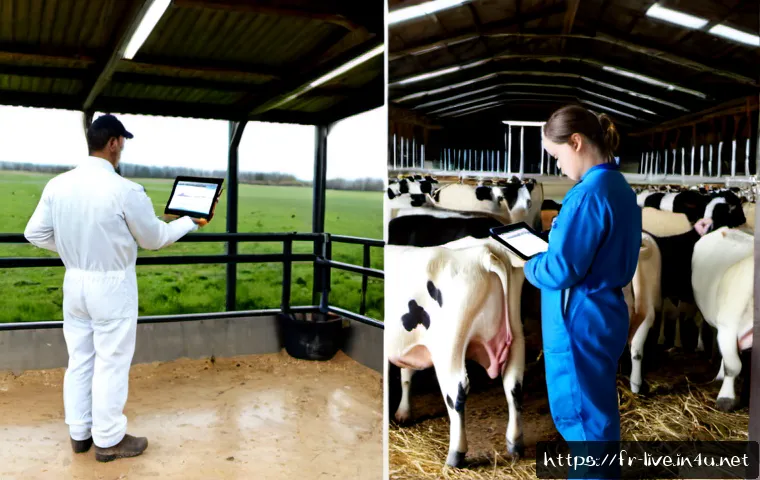 Home 17 축산업 주요 국가별 자격증 비교 - Photorealistic split-scene comparison of livestock industry certification pathways in France: left s...