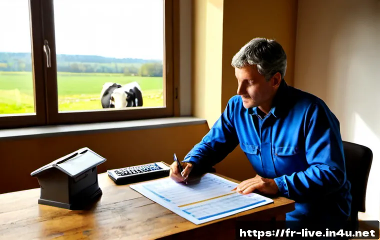 축산업 재무 계획 세우기 - Photorealistic French livestock farm financial planning scene, middle-aged farmer in clean workwear ...