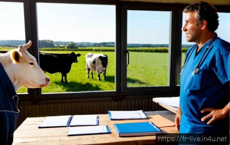 축산업 자격증 필요성 논의 - Photorealistic French livestock farm meeting, a middle-aged cattle farmer, a veterinary technician, ...