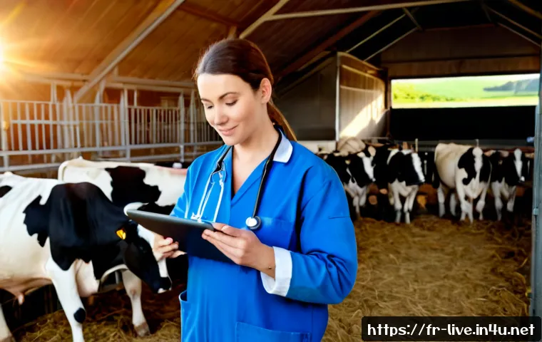 Home 17 축산업 동물 건강 모니터링 - Photorealistic modern French dairy farm at sunrise, a healthy herd of Holstein cows calmly eating in...