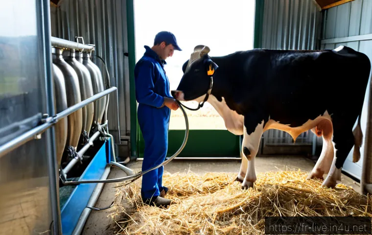 Home 30 축산업 주요 도구와 장비 - Photorealistic modern French dairy farm equipment scene, a spotless stainless-steel portable milking...