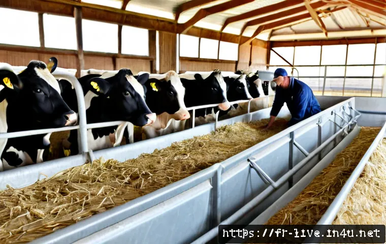 Home 17 축산업 사육 환경 개선법 - Photorealistic modern French dairy farm interior, calm Holstein cows resting in spacious clean straw...