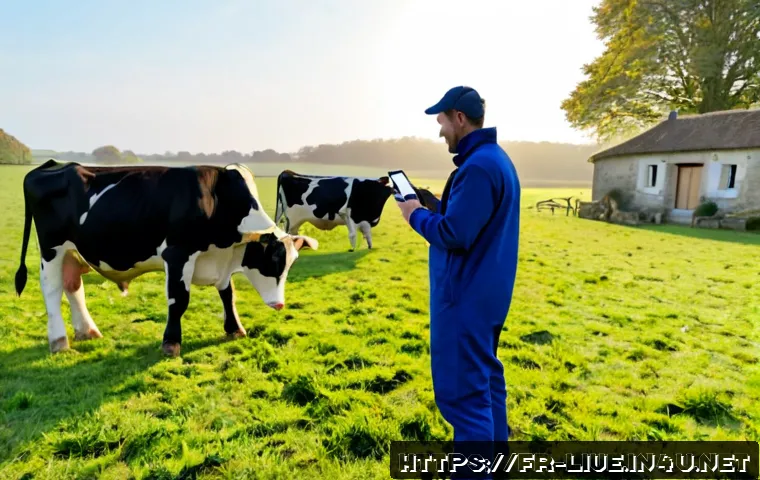 Home 17 축산업 SNS 홍보 전략 - Photorealistic French dairy farmer in clean workwear standing beside healthy cows in a bright Norman...