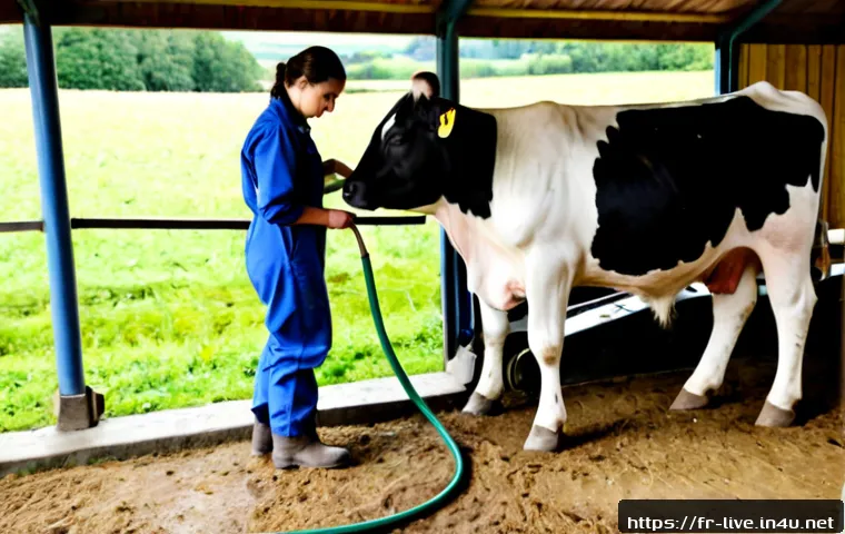 Home 17 축산업 실습 장비 사용법 - Photorealistic French agricultural training barn, an adult trainee in clean coveralls and sturdy boo...